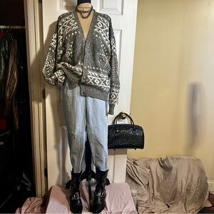 Wms Vintage Fair Isle Nordic Print Chunky Oversized Grandpa Cardigan M